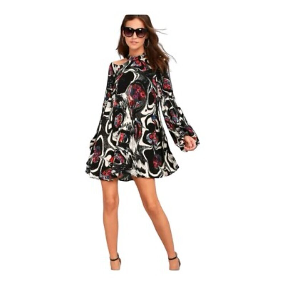 Free People Drift Away Black Print Cold Shoulder Mini Dress/ Tunic- Size Small